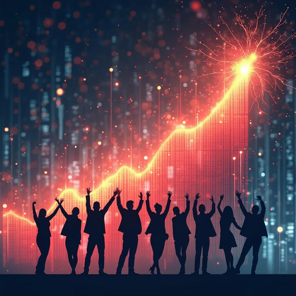 Gráfico de crecimiento exponencial con siluetas de equipo celebrando.