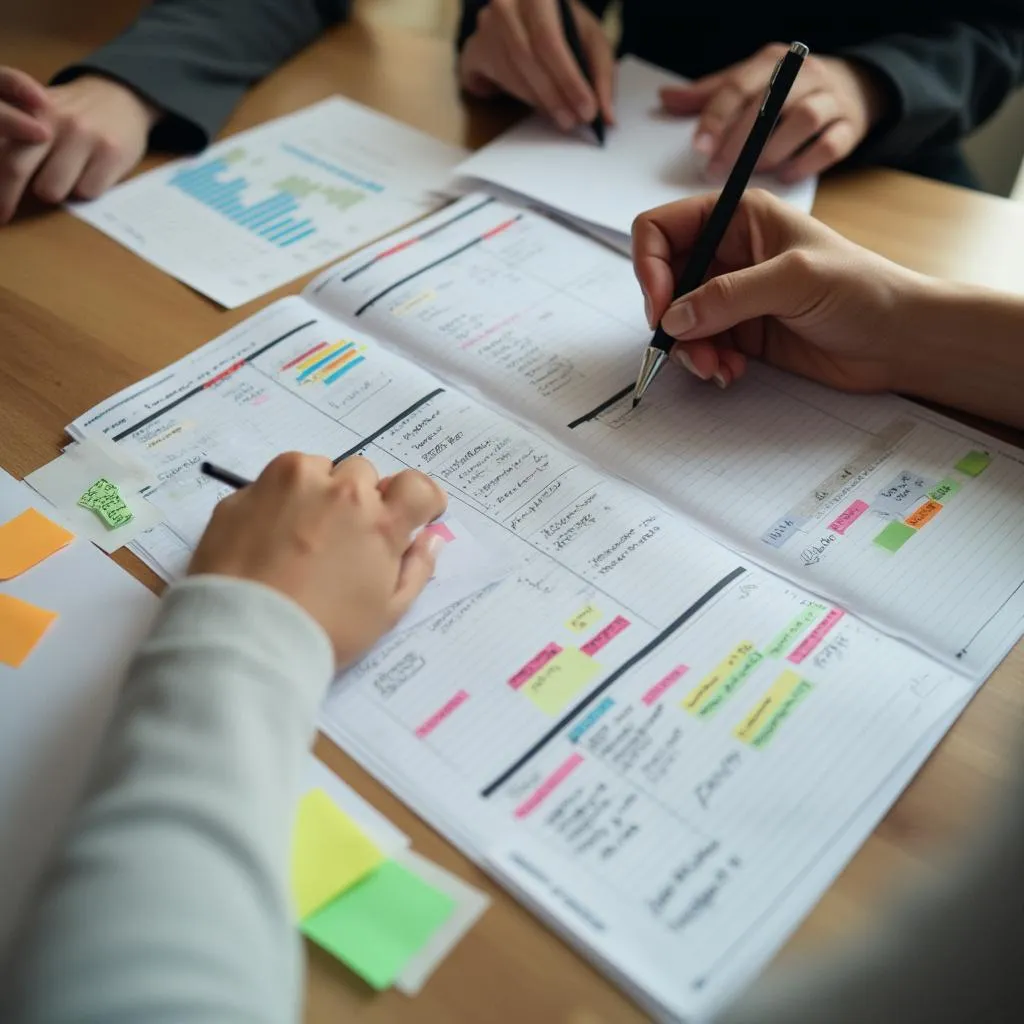 Manos escribiendo en un planificador de proyectos con diagramas y notas adhesivas.